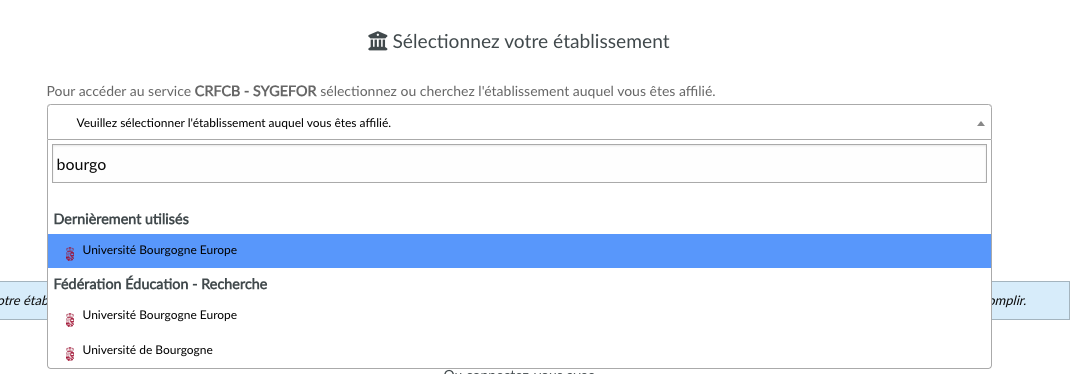 La liste des établissements avec « Université Bourgogne Europe » sélectionné.
